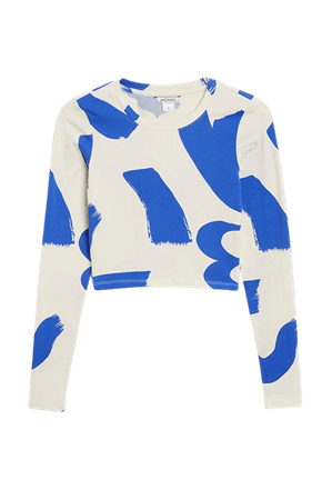 Blue patterned ribbed long-sleeve top - Blue brush strokes - Monki WW