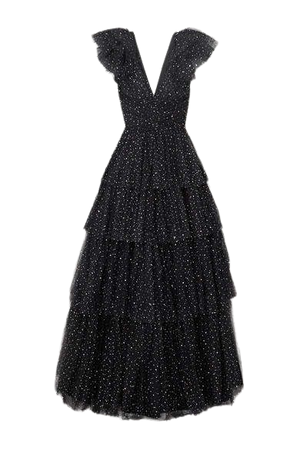 Glinda Tiered Glittered Tulle Gown - Black