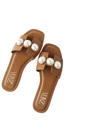LEATHER SLIDE SANDALS WITH PEARLS | ZARA United States