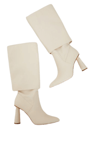 Cream Pu Point Toe Fold Down Circle High Heel Boots | PrettyLittleThing