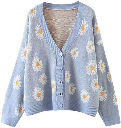 Women's Long Sleeve V Neck Daisy Floral Print Knit Cardigan Sweater Button Down Vintage Aesthetic 90s Outerwear Top (One Size, Blue Daisy) : Clothing, Shoes & Jewelry