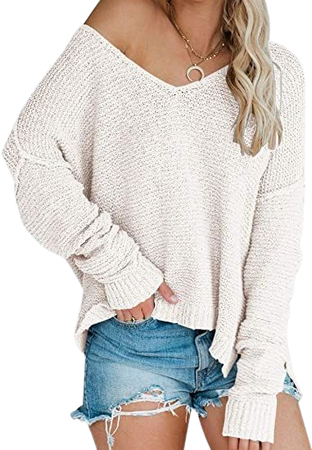 Women's Solid V Neck Loose Sweater Long Sleeve Ripped Jumper Pullover Knitted Top Beige at Amazon Women’s Clothing store