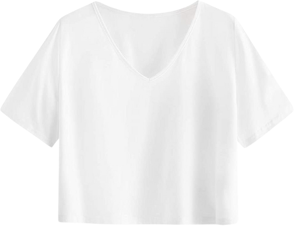 SweatyRocks Women's Casual V Neck Short Sleeve Basic Solid Crop Top T-Shirt White S at Amazon Women’s Clothing store
