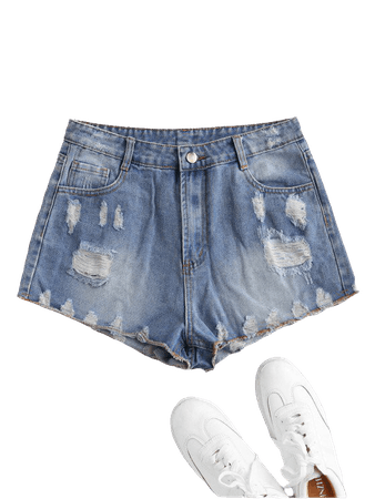 [26% OFF] [POPULAR] 2020 Zip Fly Distressed Mini Denim Shorts In BLUE | ZAFUL