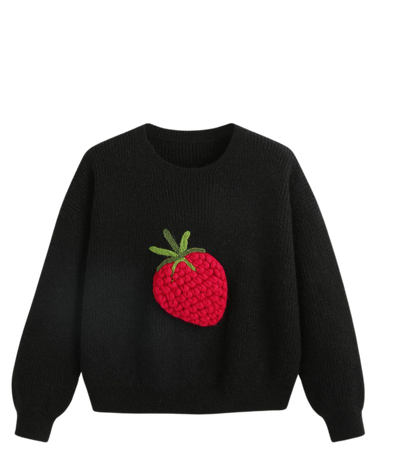 Round Neckline Strawberry Embroidered Knitted Sweater Curve & Plus - Cider