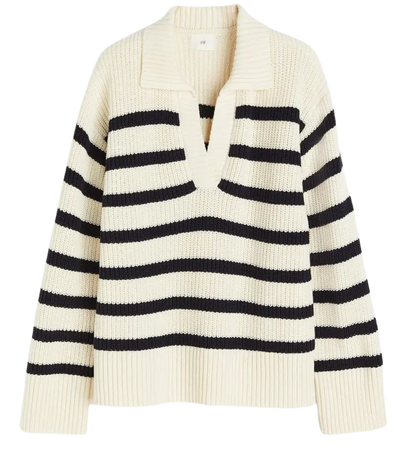 Rib-knit Polo Sweater - Cream/black striped - Ladies | H&M US