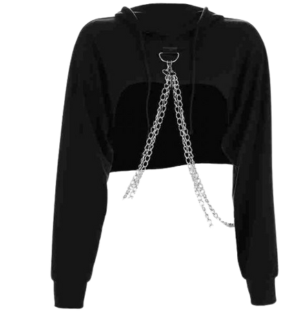 Black Cropped Hooded Sweatshirt Loose Chain Patchwork Pullover Hoodie