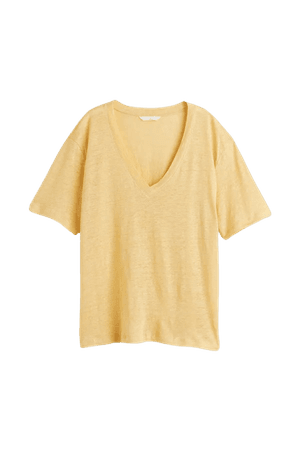 V-neck Linen Jersey T-shirt - Light yellow - Ladies | H&M US