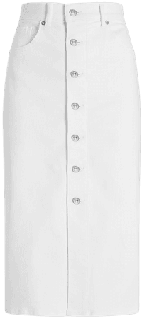 Super High Waisted White Button Front Denim Midi Skirt | Express