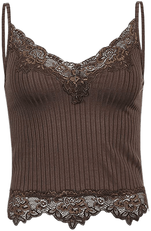 Lace Patchwork Brown Crop Top Y2k Clothes Fairy Grunge Style Cropped Tees Cami Ribbed Knitted Tank Tops-Brown-S at Amazon Women’s Clothing store