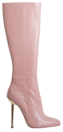 Clarity Metallic Heel Knee High Long Boots In Pink Croc Print Faux Leather | EGO