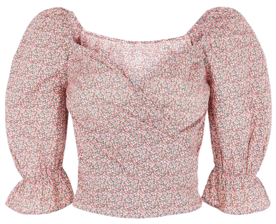 NA-KD Pink Floral Print Puff Sleeve Wrap Blouse | New Look
