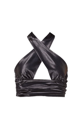 Black Satin Cross Ruched Waist Halterneck Crop Top | PrettyLittleThing USA