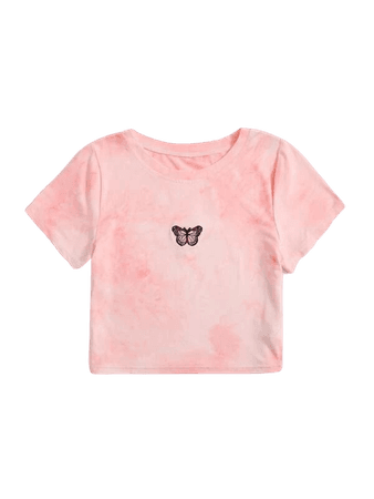 Tie Dye Butterfly Embroidery Crop Tee | SHEIN USA pink
