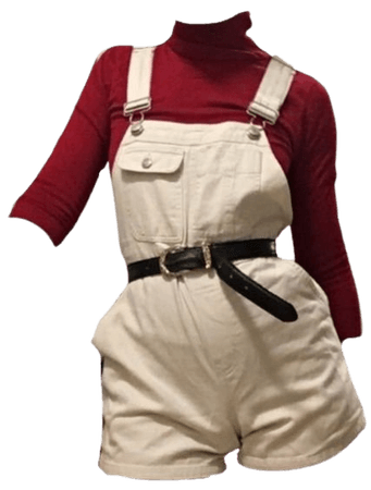 dark red turtleneck with white overalls