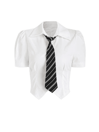 [29% OFF] 2022 Short Puff Sleeves Slim Shirt With Striped Necktie In WHITE | ZAFUL