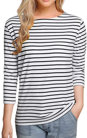 Remidoo Women Striped 3/4 Sleeve T-Shirt Slim Fit Tee Shirt Blouses Tops at Amazon Women’s Clothing store