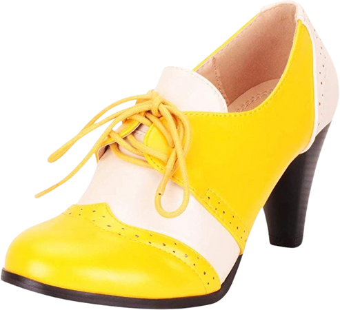 Amazon.com | Cambridge Select Women's Retro Pinup Vintage Inspired Lace-Up Chunky Heel Wingtip Oxford, 8 B(M) US, Yellow/White PU | Oxfords