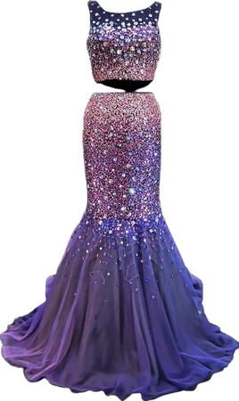 Sparkly Mermaid Scoop Neck Two Piece Purple Tulle Beaded Dress
