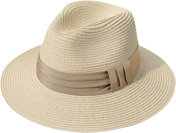 Lanzom Women Wide Brim Straw Panama Roll up Hat Fedora Beach Sun Hat UPF50+ (B-Khaki) at Amazon Women’s Clothing store