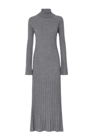 Ribbed Wool Turtleneck Maxi Dress - Gray