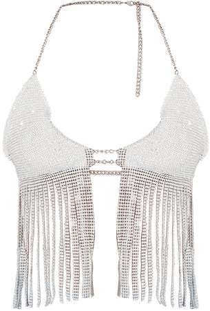 Silver Diamante Tassel Detail Halterneck Crop Top | PrettyLittleThing USA