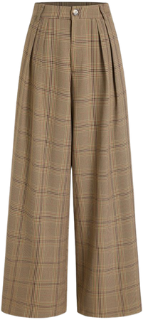 Mid Waist Check Wide Leg Trousers - Cider