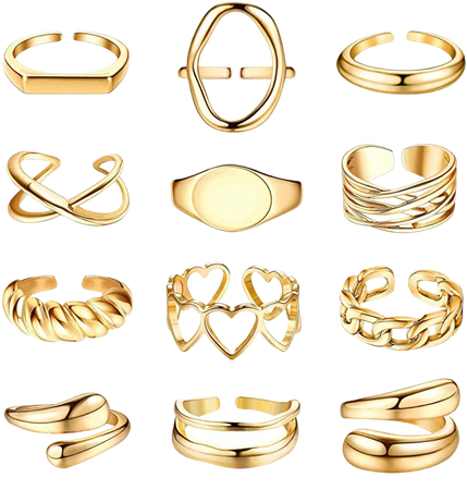 Amazon.com: FIBO STEEL 12PCS Gold Dome Chunky Rings for Women, 18K Gold Plated Croissant, Braided Twisted, Stacking Round Signet, Adjustable Open Styles (Gold): Clothing, Shoes & Jewelry