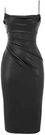 Clothing : Midi Dresses : 'Luanne' Black Vegan Leather Corset Midi Dress