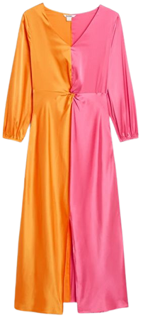 Pink & orange satin midi dress with slit - Orange & pink - Monki GB