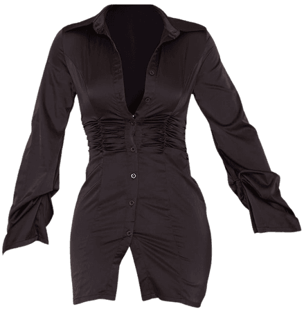 Black Satin Ruched Skirt Shirt Dress - Shirt Dresses - Dresses - Womens Clothing | PrettyLittleThing USA