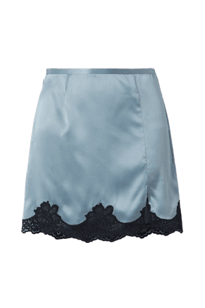Light blue James lace-trimmed washed silk-satin mini skirt | Fleur du Mal | NET-A-PORTER