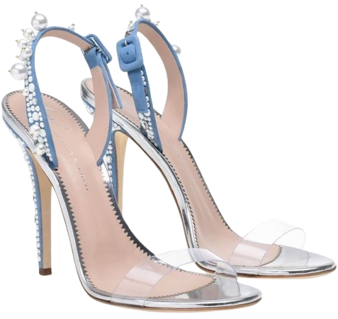 Blue and clear pearl stiletto sandals