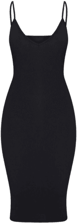 PrettyLittleThing Black Ribbed Plunge Midi Dress