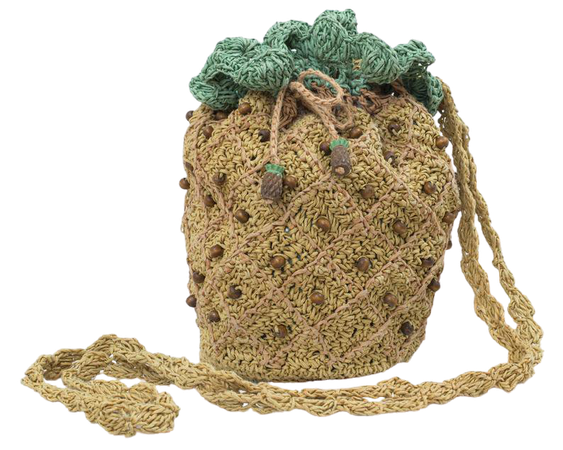 70s woven raffia pineapple mini bag drawstring straw woven | Etsy