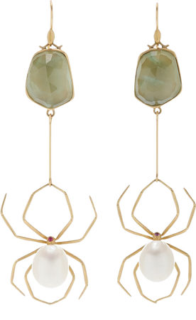 Garden Web Spider 18k Yellow Gold One-Of-A-Kind Prehnite, Pearl Earrings By Annette Ferdinandsen | Moda Operandi