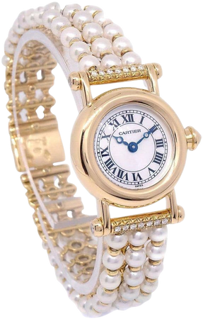 CARTIER Faux Pearl 18K Yellow Gold Diamond Quartz Mini Diabolo Wrist Watch For Sale at 1stDibs