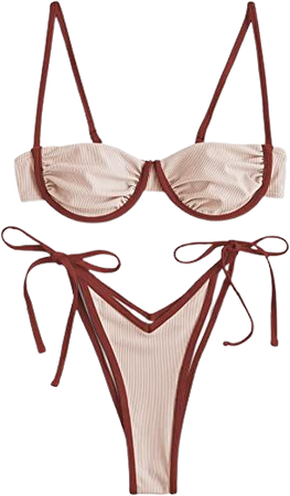 ZAFUL Women's Underwire Bikini Floral High Leg Bikini Set V-Wired Two Piece Swimsuit Bathing Suit : Milk Tea