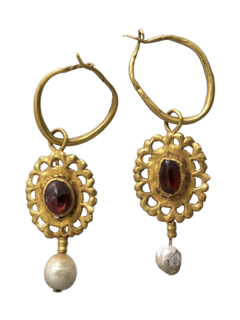 gold earrings with red jewels and pearls