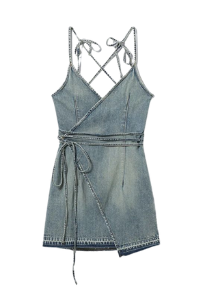 Geri Denim Short Wrap Dress - Stained Blue - Weekday WW