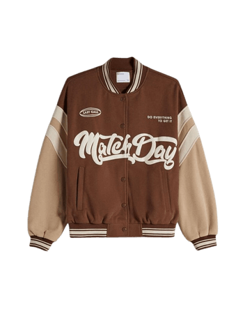 brown and beige varsity jacket