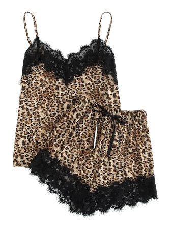 Eyelash Lace Insert Leopard Cami Top & Shorts PJ Set -SHEIN(SHEINSIDE)
