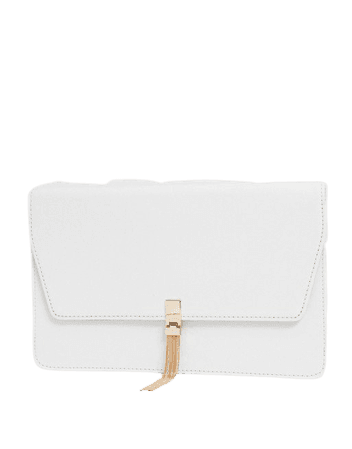 ASOS DESIGN clutch with tab & tassel in white | ASOS