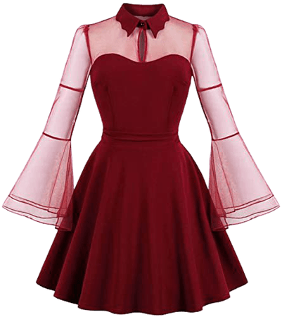 Romwe Women's Petite Vintage 1950s Retro Collared Long Sleeve Fit and Flare Swing Party Dress at Amazon Women’s Clothing store