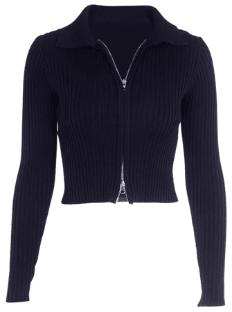 Long sleeve knitted turnover collar zip up cardigan – Halibuy
