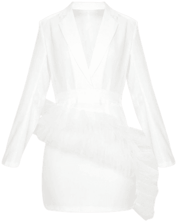 White Long Sleeve Mesh Frill Blazer Style Bodycon Dress | PrettyLittleThing USA