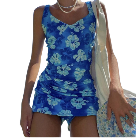 Y2K Womens Blue Tropical Hawaiian Hibiscus Floral Coconut Girl