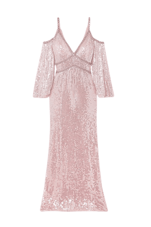 Pastel pink Lea cold-shoulder crystal-embellished sequined tulle gown | Jenny Packham | NET-A-PORTER