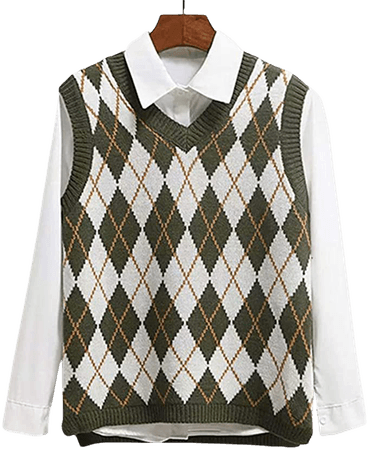 Lailezou Women's V Neck Knit Sweater Vest Argyle Plaid Preppy Style Sleeveless Crop Knitwear Tank Green at Amazon Women’s Clothing store