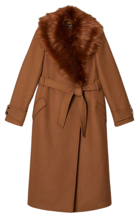 Italian Wool Cashmere Blend Belted Faux Fur Collar Coat | Karen Millen